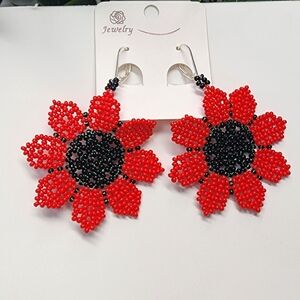 Elegant Red and Black Beaded Flower Earrings